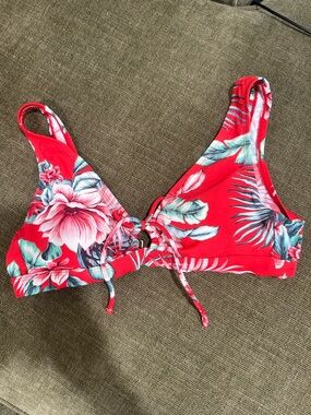Kona Sol Red Floral Lace-Up Bikini Top